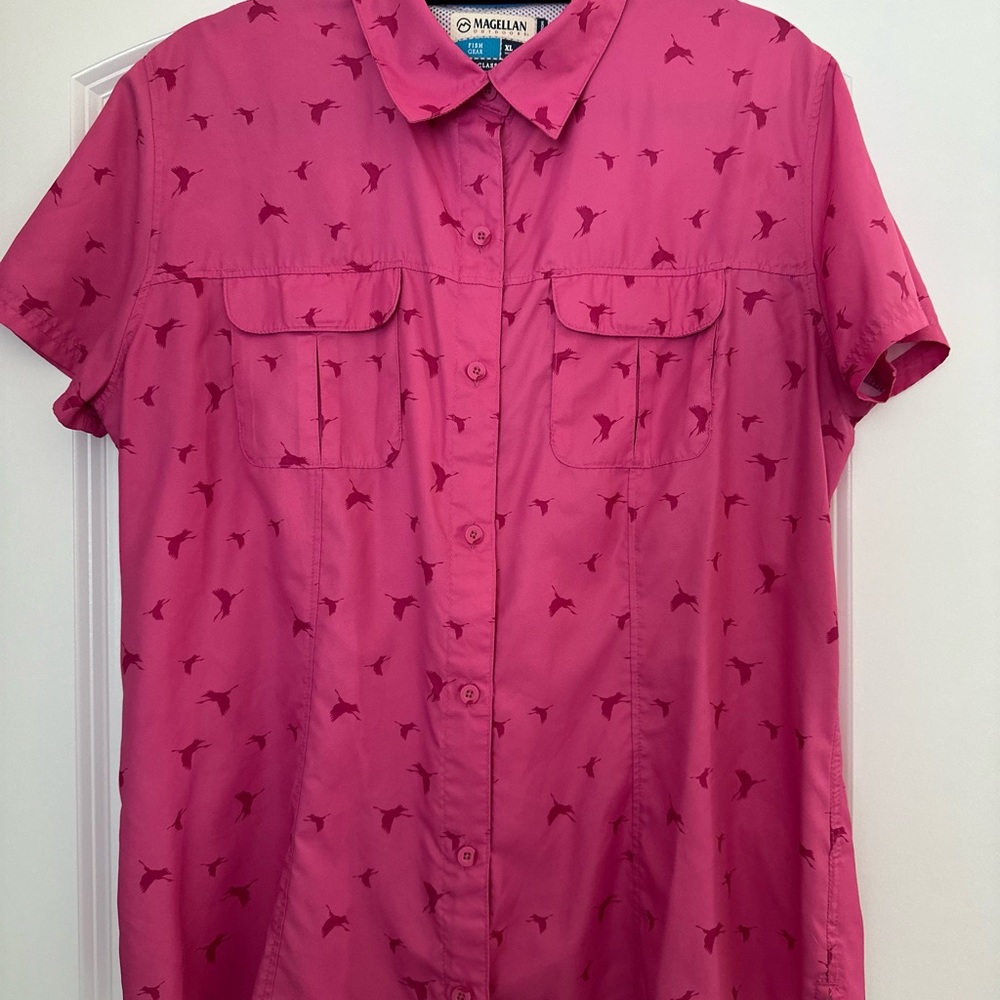 Magellan Outdoors Pink Bird Pattern Shirt